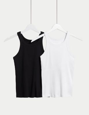 Body By M&S Womens 2pk Teen Cotton Rich Secret Support Vests - 4 - Black, Black,Bright Aqua