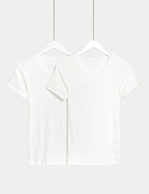 M&S Women's 2pk Thermal Short Sleeve Pointelle Tops - 8 - White, White,Black Mix