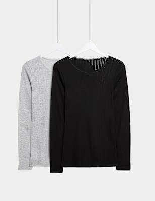 M&S Women's 2pk Pointelle Thermal Long Sleeve Tops - 8 - Black Mix, Black Mix,White