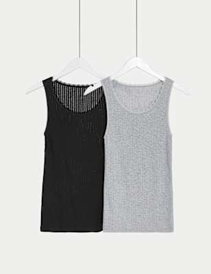 Marks And Spencer Womens M&S Collection 2pk Thermal Built-up Shoulder Vests - Black Mix, Black Mix