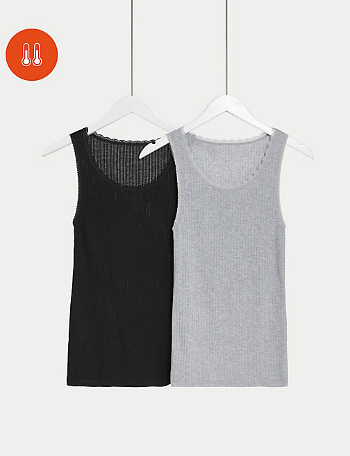 Marks And Spencer Womens M&S Collection 2pk Thermal Built-up Shoulder Vests - Black Mix, Black Mix