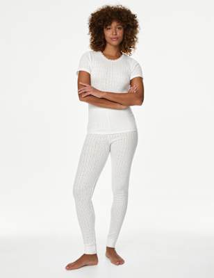 M&S Women's Thermal Pointelle Leggings - 8 - White, White,Black Mix