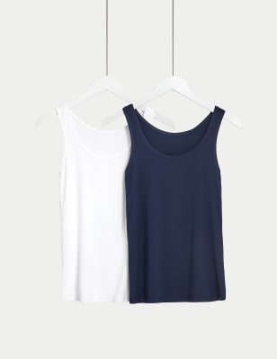 Women's wide shoulder strap vest, Blue navy crew neck Modal vest