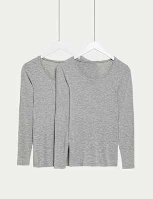 M&S Womens 2pk Heatgen Light Thermal Long Sleeve Tops - 12 - Light Grey, Light Grey