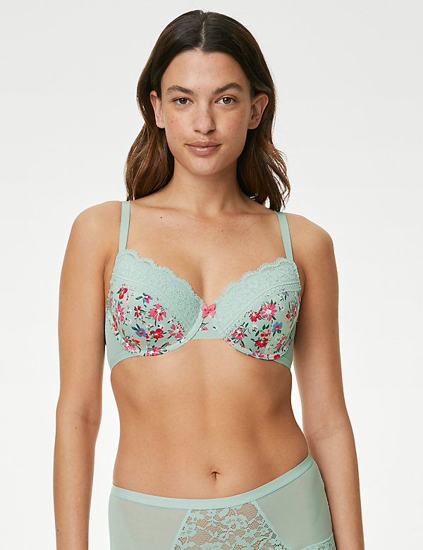 Printed Lace Trim Wired Full Cup Bra A-E - CY