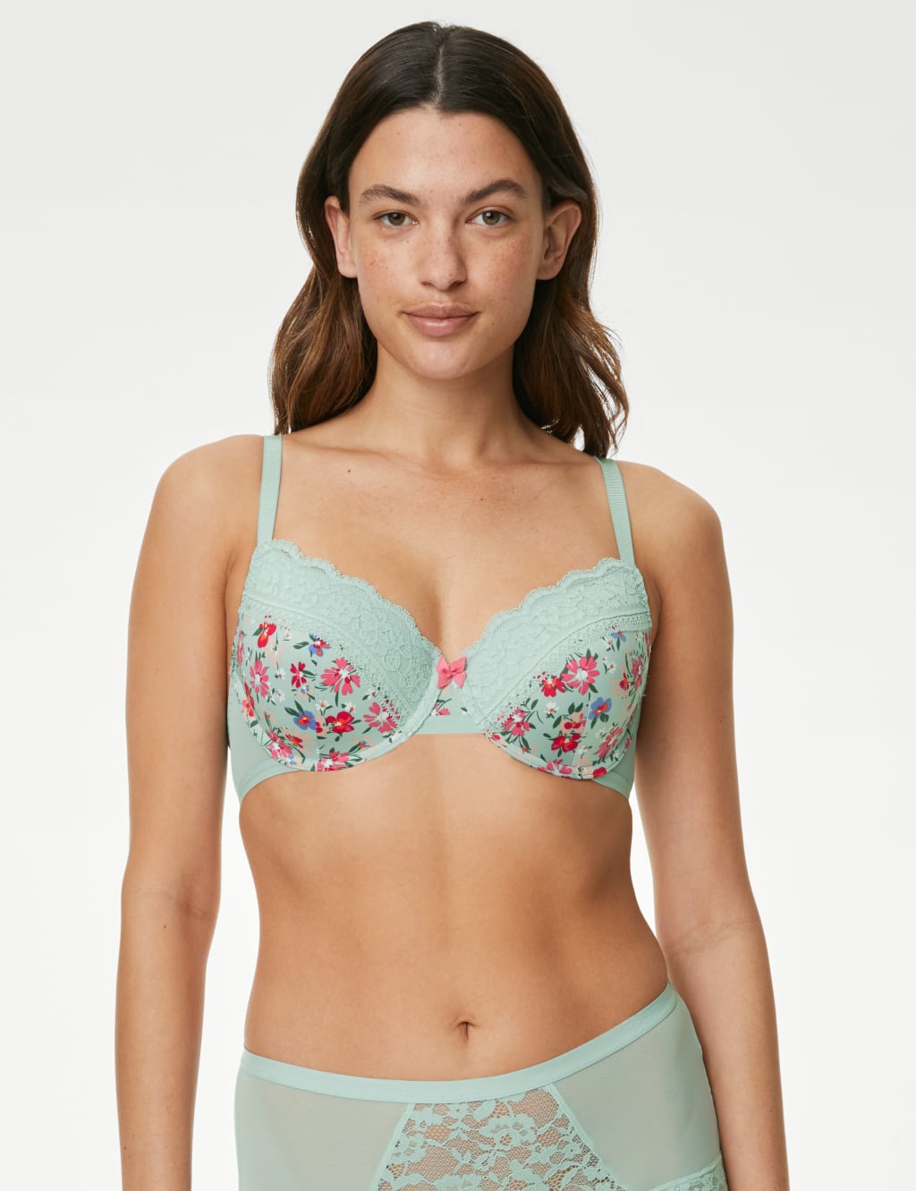 Printed Lace Trim Wired Full Cup Bra A-E