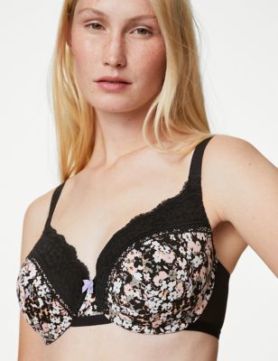 M&S Floral Printed Lace Trim Wired Full Cup Bra, Black, Pink, Size