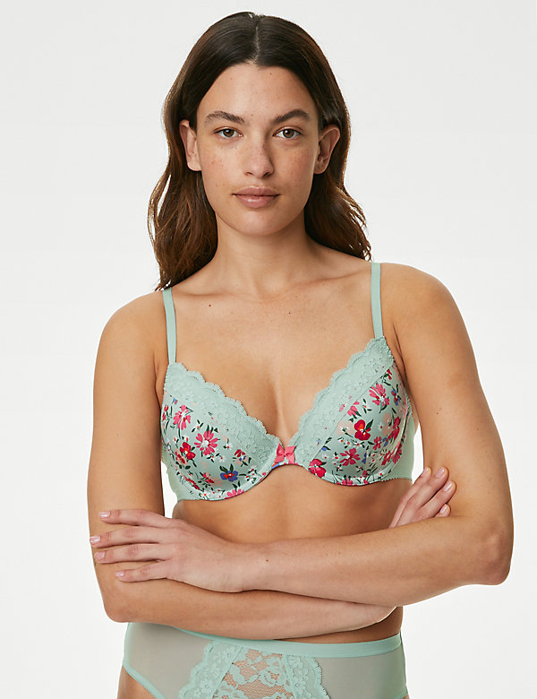Printed Lace Trim Wired Plunge Bra A-E - TW