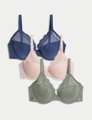 M&S 3pk Lace Trim Wired Plunge Bras, 42A, underwired