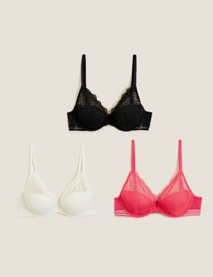 3pk Lace Trim Wired Plunge Bras A-E, M&S Collection