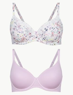 M&S Bras 32A White/Pink PK2 Cotton Rich Balcony Underwired Padded BNWT
