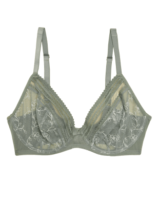 M&S Womens Archive Embroidery Wired Plunge Bra A-E - 32B - Dusty Green, Dusty Green,White Mix,Black Mix