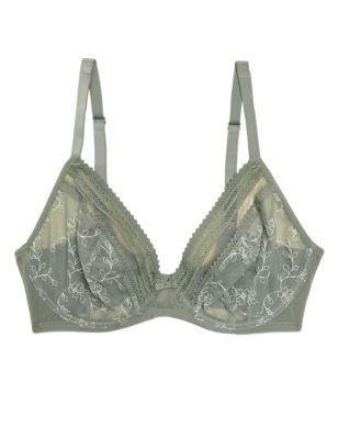 M&S Womens Archive Embroidery Wired Plunge Bra A-E - 32B - Dusty Green, Dusty Green,White Mix,Black Mix
