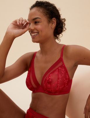 M&S Red Bra 32E 34D 36C Archive Embroidery Non Wired Bra Plunge padded Bra.