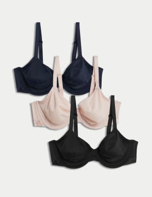 M&S Womens 3pk Wired Full Cup Bras A-E - 32B - Navy Mix, Navy Mix,Black Mix