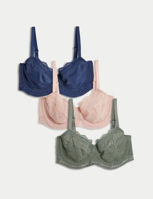 

Womens M&S Collection 3pk Lace & Mesh Wired Balcony Bras A-E - Dusty Green, Dusty Green