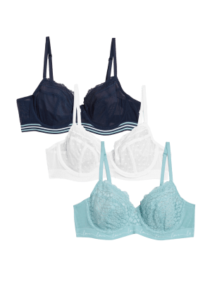 

Womens M&S Collection 3pk Lace & Mesh Wired Balcony Bras A-E - Turquoise Mix, Turquoise Mix