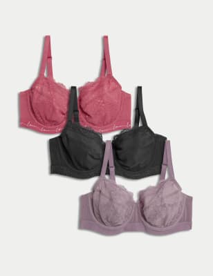 

Womens M&S Collection 3pk Lace & Mesh Wired Balcony Bras A-E - Raspberry Mix, Raspberry Mix