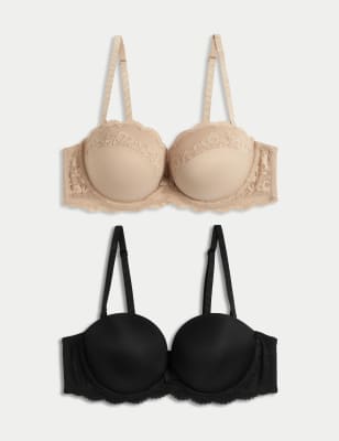 M&S Women's 2pk Wired Multiway Push Up Bras A-E - 32B - Rose Quartz, Rose Quartz,Black Mix