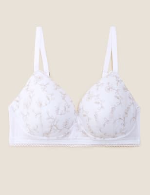 ex M&S ARCHIVE EMBROIDERY NON WIRED, PADDED PLUNGE BRA In WHITE