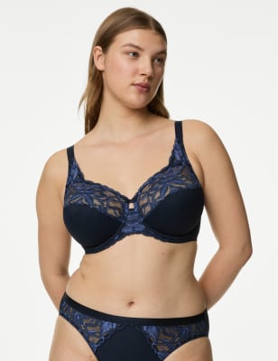 M&S Women's Wild Blooms Wired Full Cup Bra F-H - 32G - Navy, Navy