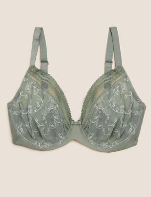 M&S Womens Archive Embroidery Wired Plunge Bra F-H - 32F - Dusty Green, Dusty Green,Black Mix,White Mix