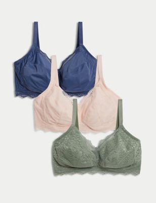 

Womens M&S Collection 3pk Lace Trim Non Wired Bralettes F-H - Dusty Green, Dusty Green