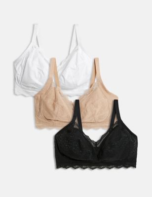 

Womens M&S Collection 3pk Lace Trim Non Wired Bralettes F-H - Black Mix, Black Mix