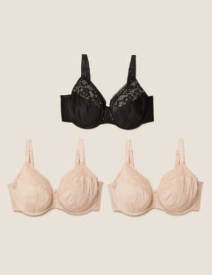 

Womens M&S Collection 3pk Lace Trim Wired Full Cup Bras F-H - Opaline Mix, Opaline Mix