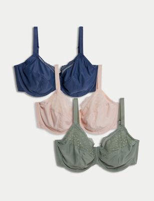 M&S Womens 3pk Wired Full Cup Bras F-H - 32G - Dusty Green, Dusty Green
