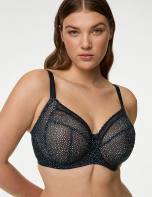 M&S Womens Printed Mesh Wired Extra Support Bra F-J - 32F - Navy Mix, Navy Mix,Red Mix,Brown