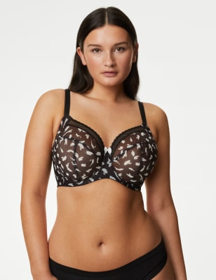 

Womens M&S Collection Printed Mesh Wired Extra Support Bra F-J - Black/Black, Black/Black