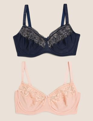 NEW M&S 2 PACK DD+ MINIMISER UNDERWIRED FULL CUP BRAS SIZE 44GG in NAVY MIX