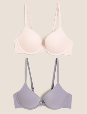 M&S 2 PACK PUSH UP PLUNGE UNDERWIRED PINK GREY T-SHIRT BRAS SIZE 34D 