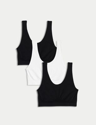 M&S Womens 3pk Seamless Non Wired Crop Tops - White/Black, White/Black,Light Pink Mix