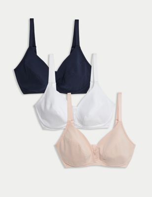 M&S Womens 3pk Cotton & Lace Non Wired Full Cup Bras A-E - 32A - Soft Pink, Soft Pink,Black Mix