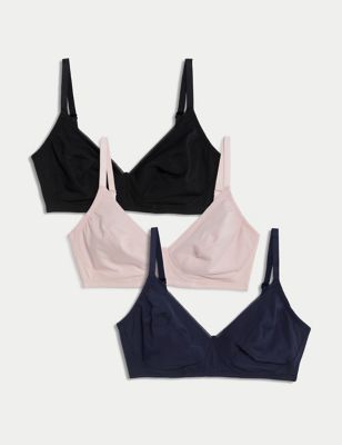 M&S Womens 3pk Cotton Non Wired Full Cup Bras A-E - 32A - Navy Mix, Navy Mix,White Mix