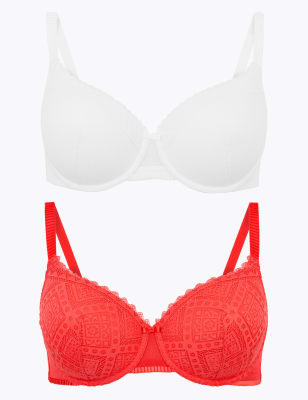 

Womens M&S Collection 2pk Mesh Lace Full Cup Bras A-E - Bright Coral, Bright Coral
