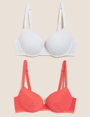 

Womens M&S Collection 2pk Mesh Lace Push-Up Plunge Bras A-E - Bright Coral, Bright Coral