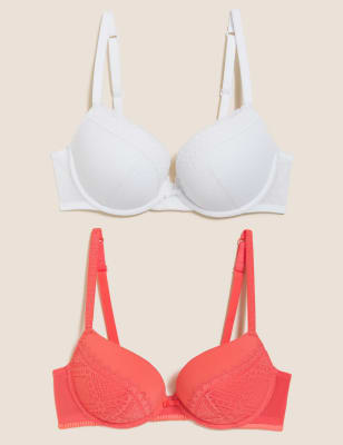 

Womens M&S Collection 2er-Pack Push-Up-Plunge-BHs mit Mesh-Spitze (A-E) - Bright Coral, Bright Coral