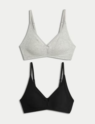 M&S Women's 2pk Non-Wired Bralette First Bra AA-D - 28A - Black/Grey, Black/Grey,White/White