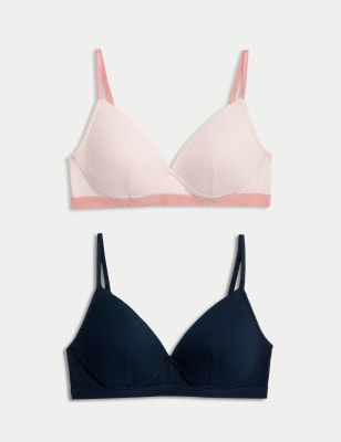 M&S Women's 2pk Non Wired Cotton Rich Ribbed First Bras AA-D - 28AA - Pink Mix, Pink Mix,White Mix,G