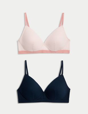 M&S Womens 2pk Non Wired Cotton Rich Ribbed First Bras AA-D - 28AA - Pink Mix, Pink Mix,White Mix,Gr