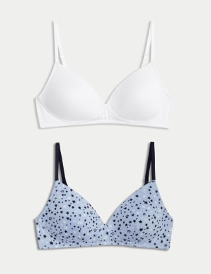 M&S Womens 2pk Padded First Bras (AA-D) - 28B - Blue Mix, Blue Mix,Khaki Mix