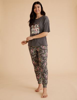  Pyjama en coton avec texte « Happiness » - Charcoal