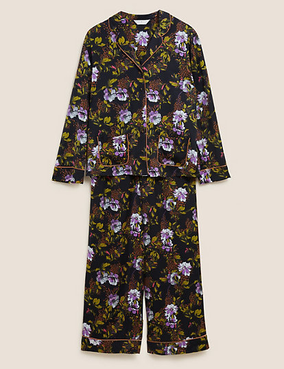 Satin Floral Rever Collar Pyjama Set
