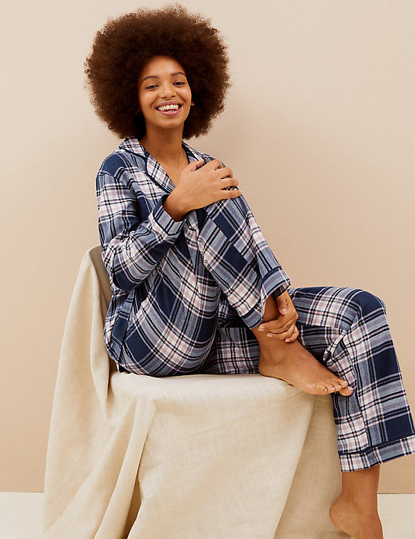 Cotton Rich Checked Rever Collar Pyjama Set