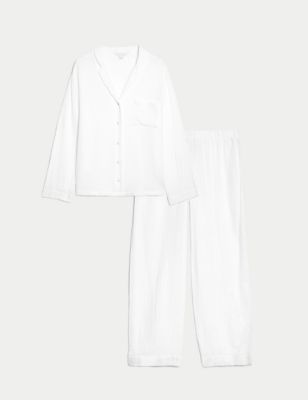 M&S Womens Muslin Revere Collar Pyjama Set - 12 - White, White