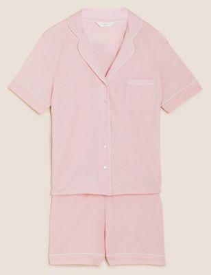 M&S Womens Cotton Modal Cool Comfort™ Revere Shortie Set - 12 - Soft Pink, Soft Pink