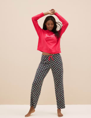 

Womens M&S Collection Schlafanzugset mit hohem Baumwollanteil und Schriftzug „Flock“ - Pink Mix, Pink Mix